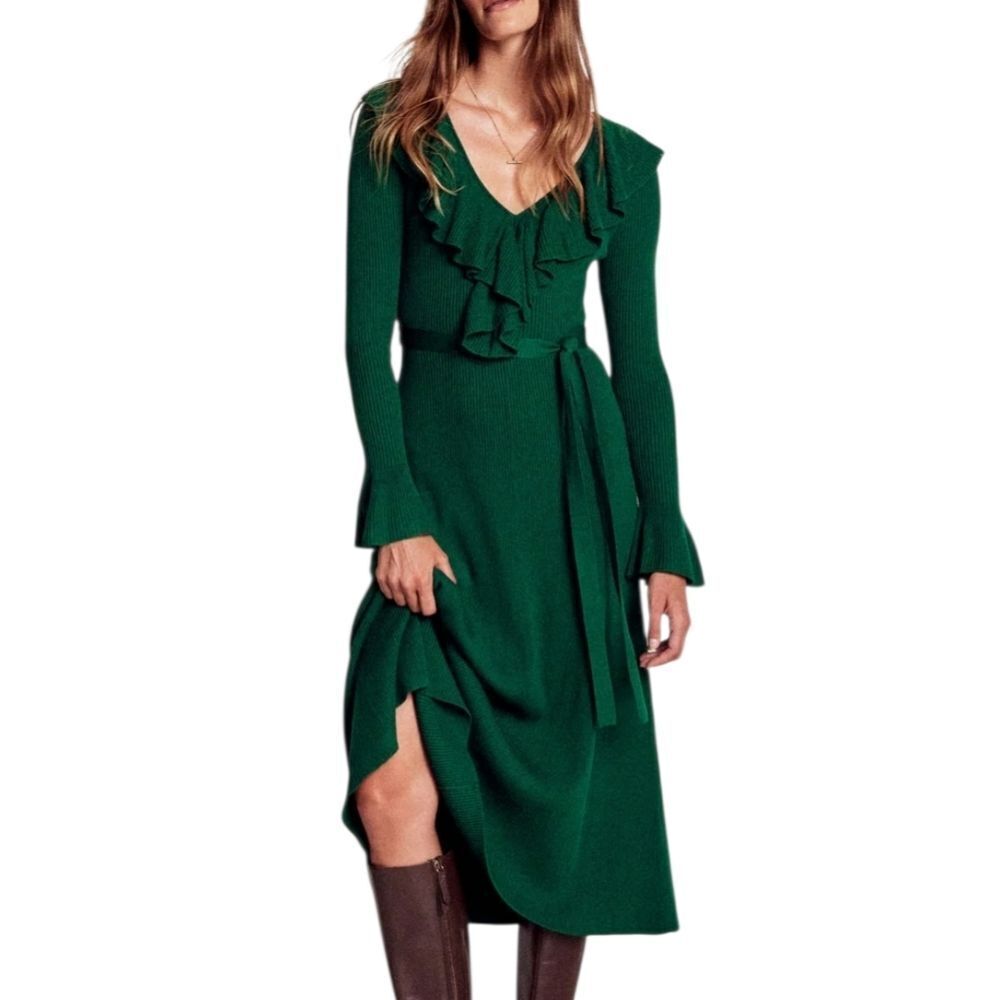 Boden Emerald Night Ruffled Ribbed Dress Size 8R - Picture 2 of 10